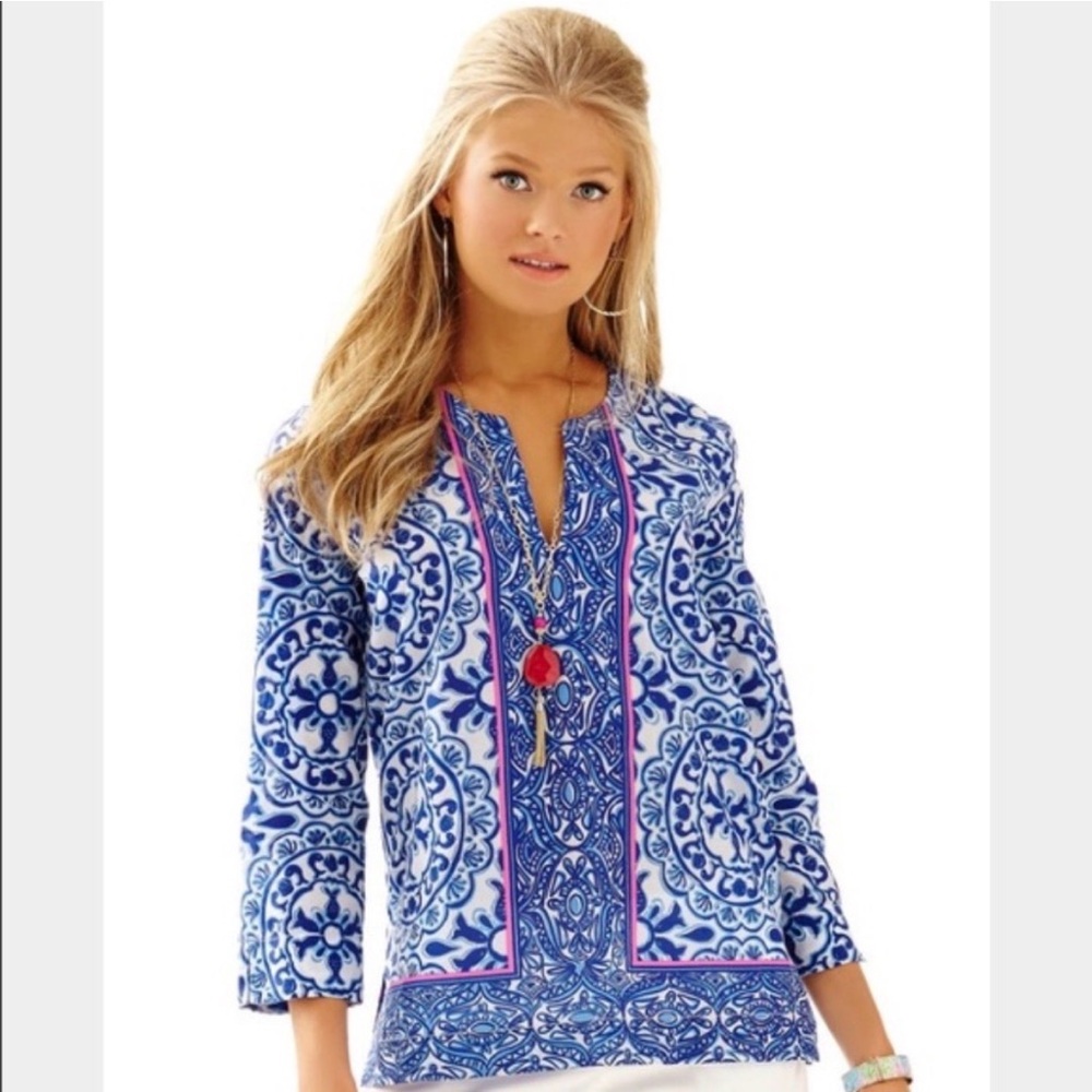 Lilly Pulitzer Amelia Island‎ Tunic Blue Medallion Pink Trim XS